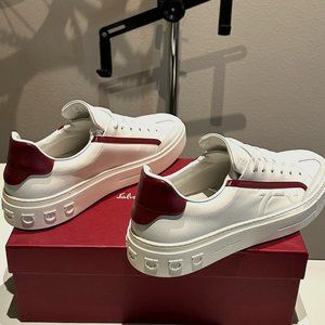 Salvatore Ferragamo Men's Gancini Sneakers, White Leather, Red Accents